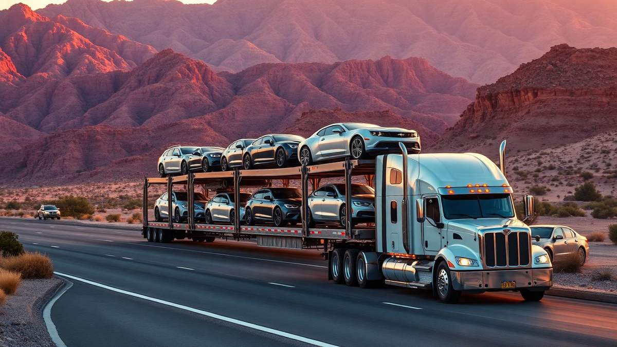 Auto transport carrier loaded with vehicles on an Arizona highway