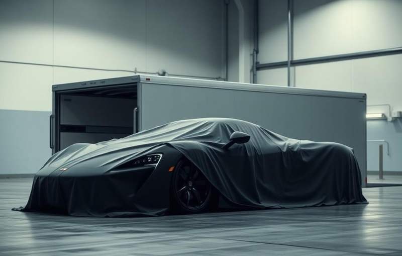 Covered luxury sports car beside an enclosed transport trailer in a clean warehouse