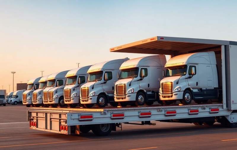 Row of new dealership vehicles being loaded onto a two-level hauler at a distribution yard
