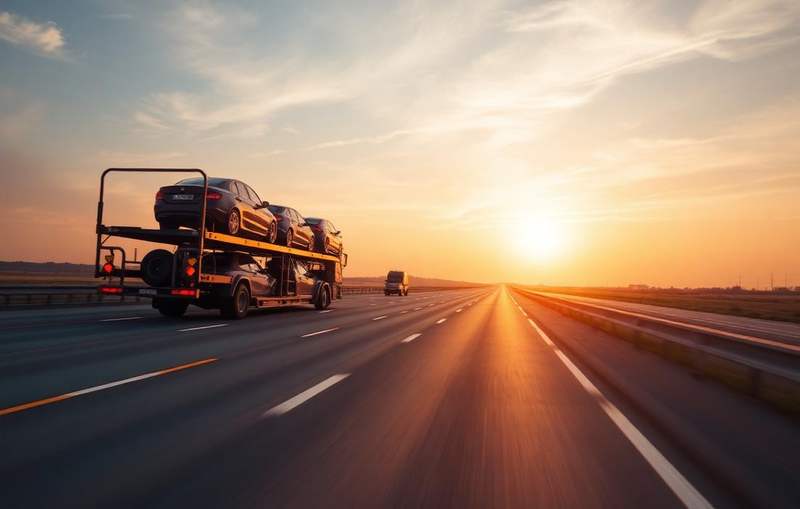 Car carrier travelling a long interstate highway at sunrise