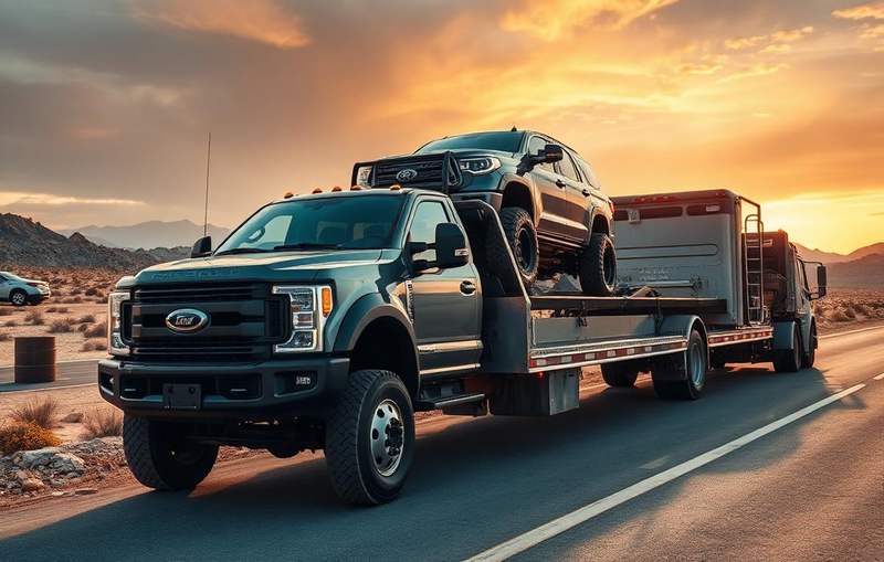 Heavy duty pickup truck and SUV loaded on an open carrier in the Arizona desert