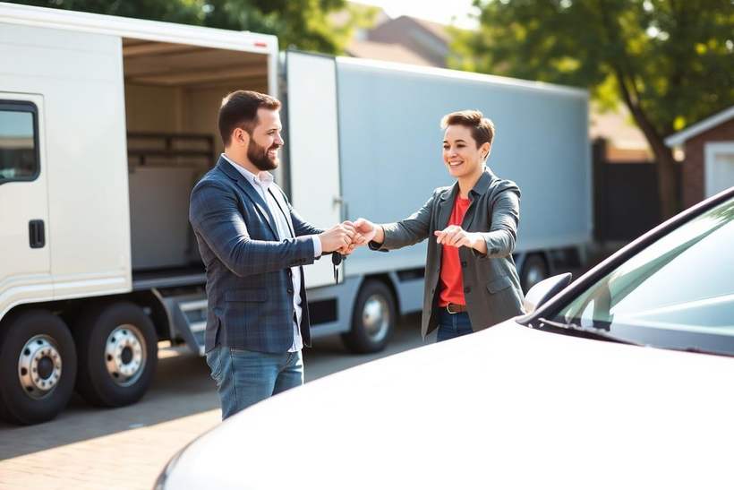 Customer receiving keys after vehicle delivery from an auto transport truck
